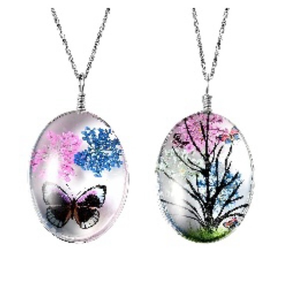 Jewelry - Set of 2 Pressed Flowers Pendant in Silvertone with Stainless Steel Necklace 24”